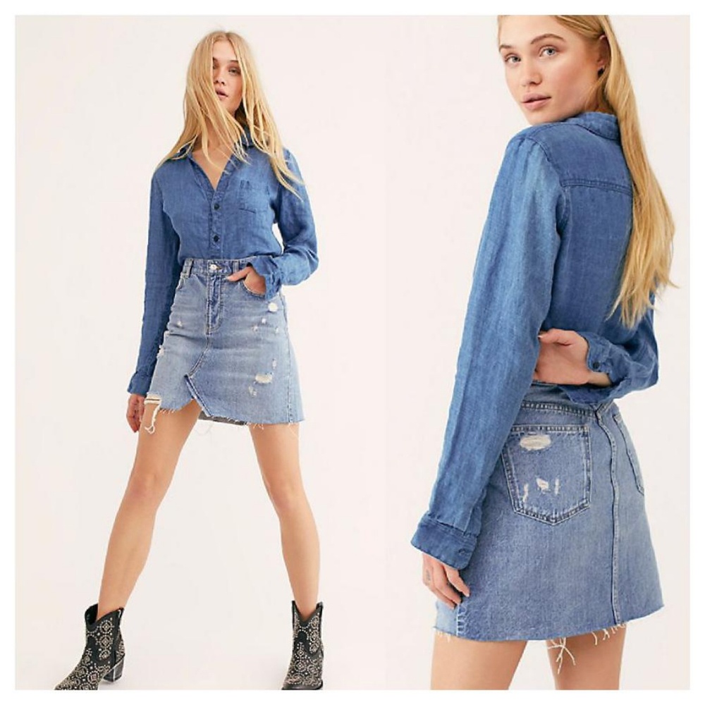 Free People Distressed A-Line Denim Skirt